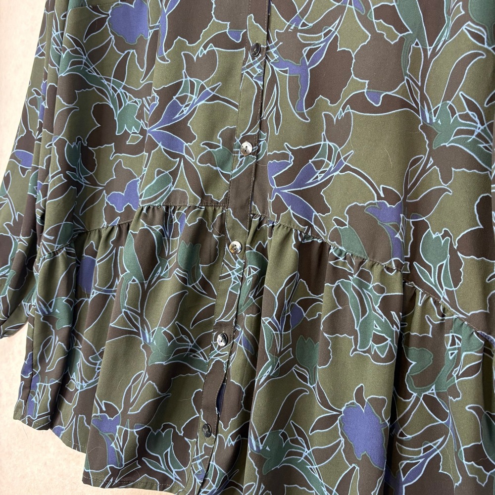 LOGO by Lori Goldstein Green Floral Print Tunic Shirt Women's XL Ruffle Hem Boho - Picture 5 of 7